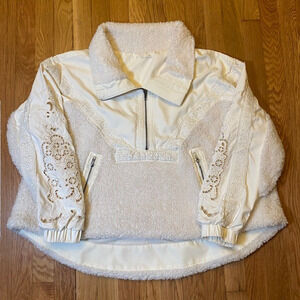 Mindy Maes Market Womens Small Ivory Lace Eyelet Pullover Sherpa 1/4 Zip Jacket